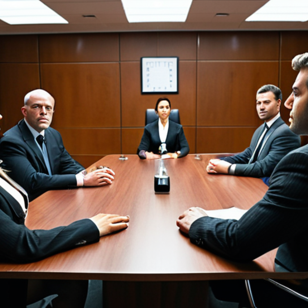 **Prompt:** High-stakes patent negotiation in a modern, elegant conference room. Focus on subtle human interactions: diverse legal professionals in professional attire seated at a polished table. Their body language, facial expressions, and eye contact convey psychological strategy, active listening, and unspoken tension. Soft, cinematic lighting. Realistic, detailed, ultra-HD.