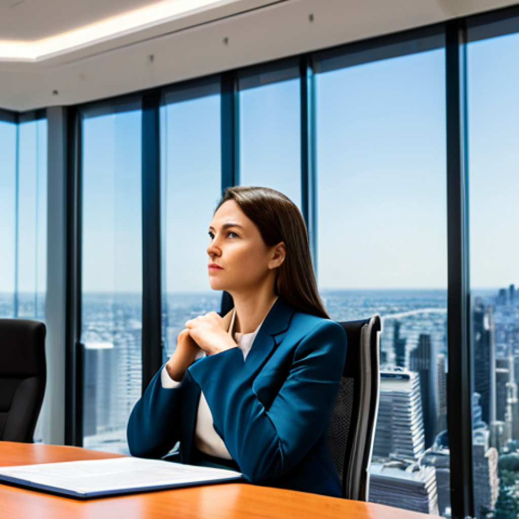 A focused professional woman, a patent attorney, dressed in a modest business suit, sitting thoughtfully at a large, modern conference table. She gestures towards an abstract holographic display that visualizes complex intellectual property concepts and futuristic legal frameworks. Her expression is intelligent and deeply engaged, embodying analytical prowess and forward-thinking. The setting is a sleek, contemporary law firm conference room with expansive windows offering a professional city skyline view. The scene is illuminated with bright, professional lighting. Perfect anatomy, correct proportions, natural pose, well-formed hands, proper finger count, natural body proportions, professional photography, high quality, fully clothed, modest clothing, appropriate attire, professional dress, safe for work, appropriate content, family-friendly.
