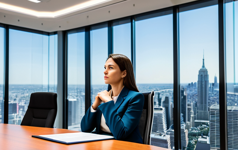 A focused professional woman, a patent attorney, dressed in a modest business suit, sitting thoughtfully at a large, modern conference table. She gestures towards an abstract holographic display that visualizes complex intellectual property concepts and futuristic legal frameworks. Her expression is intelligent and deeply engaged, embodying analytical prowess and forward-thinking. The setting is a sleek, contemporary law firm conference room with expansive windows offering a professional city skyline view. The scene is illuminated with bright, professional lighting. Perfect anatomy, correct proportions, natural pose, well-formed hands, proper finger count, natural body proportions, professional photography, high quality, fully clothed, modest clothing, appropriate attire, professional dress, safe for work, appropriate content, family-friendly.