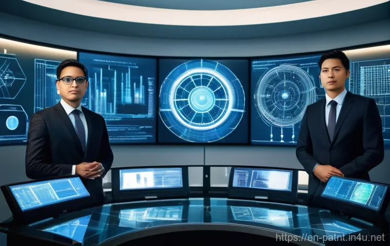 변리사와 혁신 기술 사례 - **Prompt:** A diverse group of skilled patent attorneys, wearing sharp, modern business attire, stan...