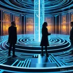 변리사와 산업재산권 - **"Navigating the Innovation Labyrinth"**
A vibrant, futuristic digital painting depicting a div...