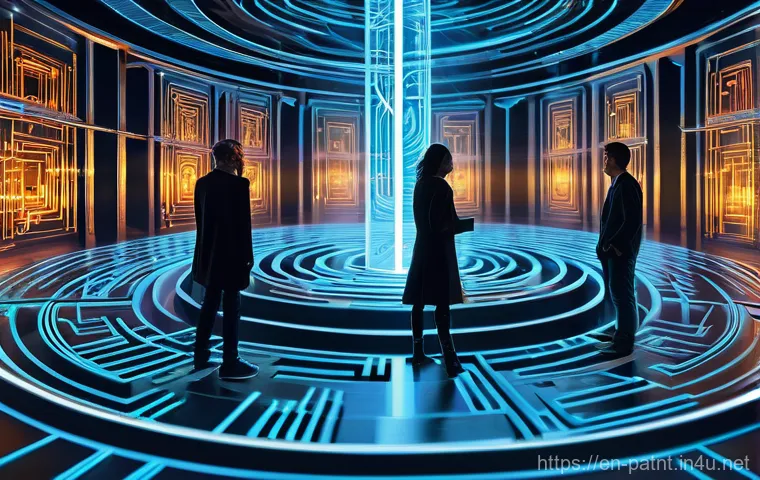 변리사와 산업재산권 - **"Navigating the Innovation Labyrinth"**
A vibrant, futuristic digital painting depicting a div...