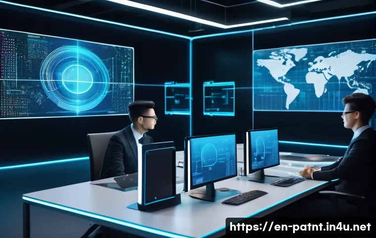 변리사와 블록체인 특허 사례 - A futuristic blockchain innovation lab scene, showcasing diverse engineers and patent attorneys coll...