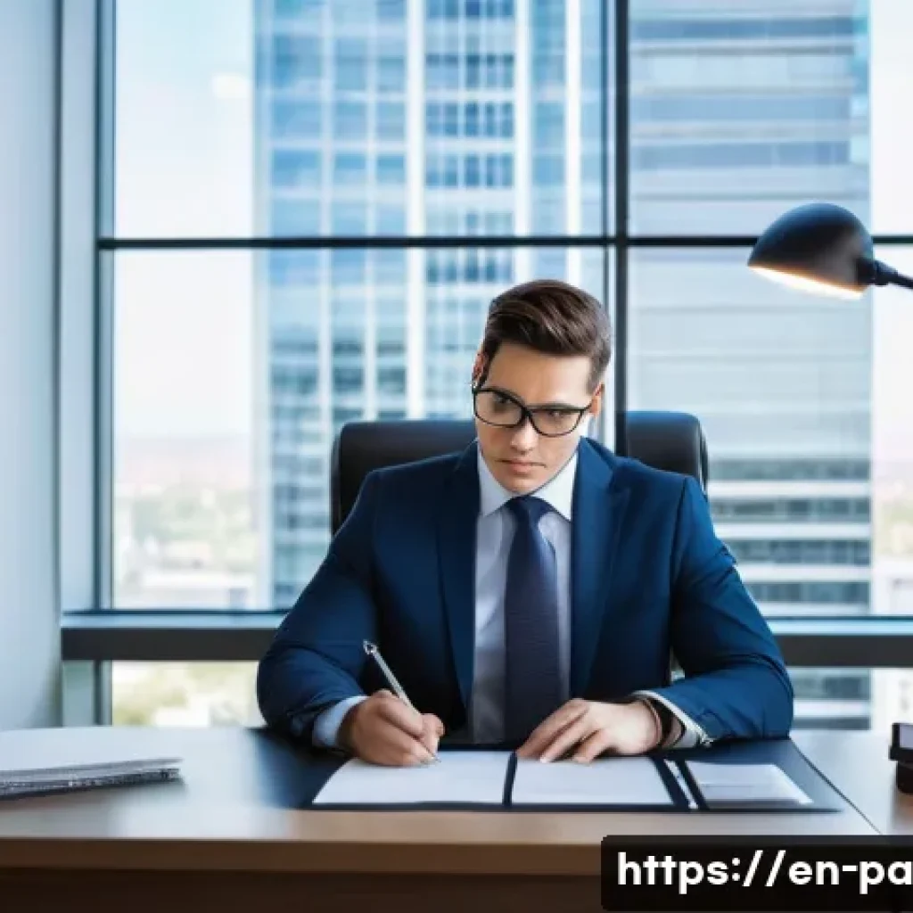 변리사로서의 다양한 직무 옵션 - A modern law office scene showing a diverse patent attorney seated at a sleek desk, intently draftin...