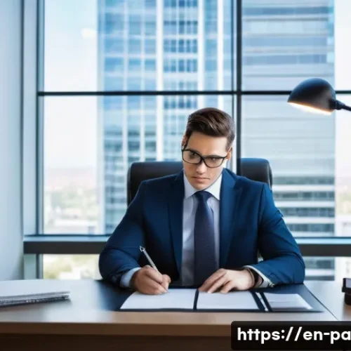 변리사로서의 다양한 직무 옵션 - A modern law office scene showing a diverse patent attorney seated at a sleek desk, intently draftin...