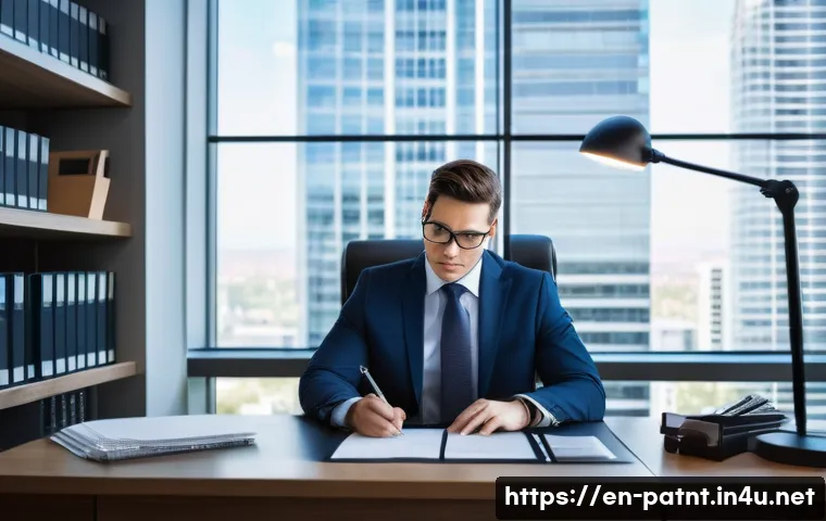 변리사로서의 다양한 직무 옵션 - A modern law office scene showing a diverse patent attorney seated at a sleek desk, intently draftin...