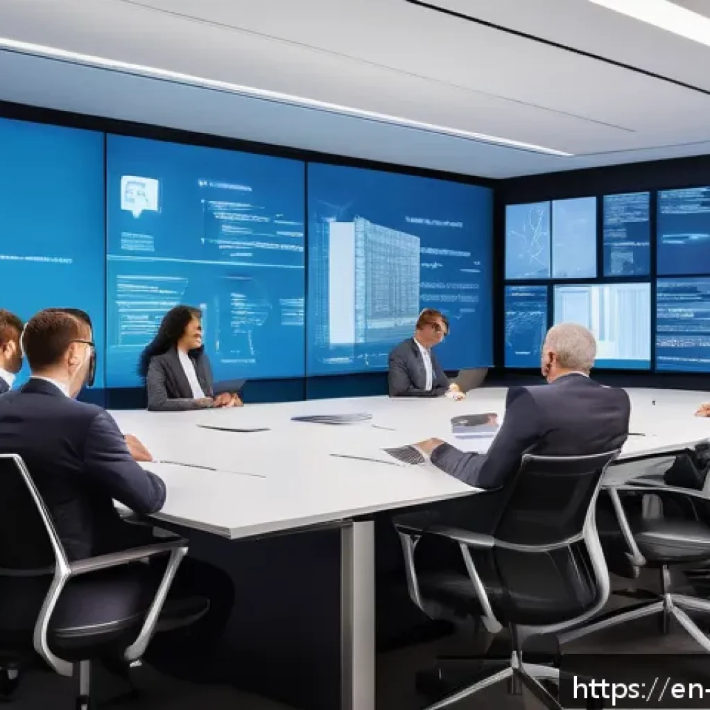 변리사와 데이터 보호 관련 업무 - A modern office setting where a diverse group of patent professionals and cybersecurity experts coll...