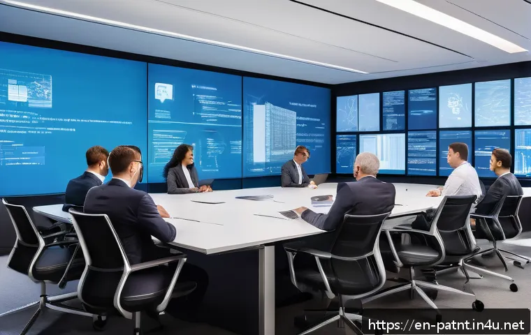 변리사와 데이터 보호 관련 업무 - A modern office setting where a diverse group of patent professionals and cybersecurity experts coll...