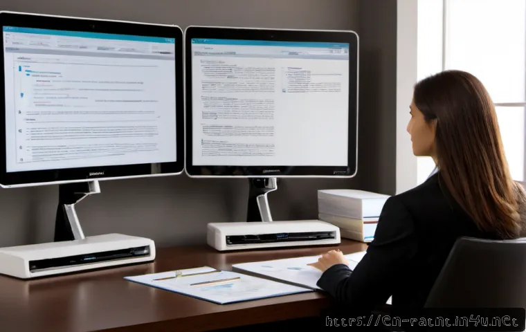 변리사 실무를 위한 필수 소프트웨어 - Photorealistic patent attorney workspace in a modern American law office, dual widescreen monitors s...