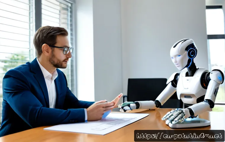 변리사와 융합 기술 트렌드 - Photorealistic modern intellectual property attorney and robotics engineer collaborating at a clean ...